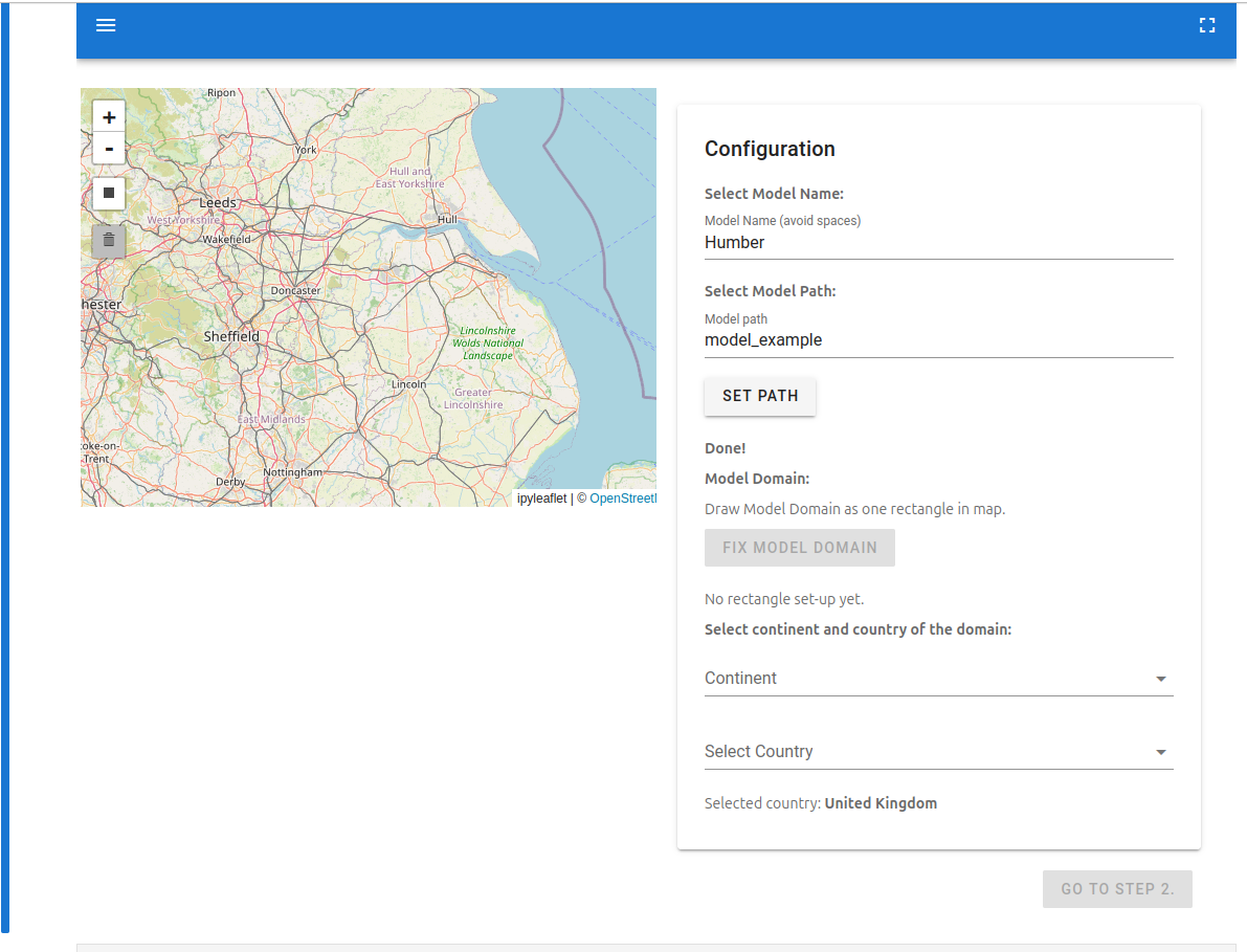 FIAT notebook interface showing a map of the Humber region alongside a configuration panel for selecting model name, path, domain, continent and country.